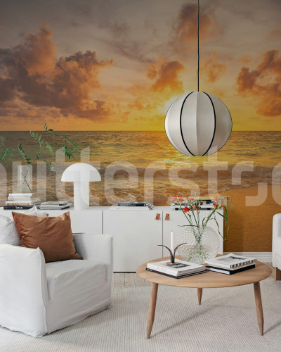 Fototapet cu răsărit la mare într-un living modern