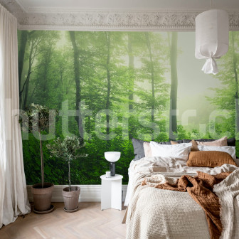 Fototapet cu pădure verde într-un dormitor modern