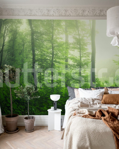 Fototapet cu pădure verde într-un dormitor modern