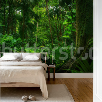Fototapet cu peisaj tropical verde într-un dormitor