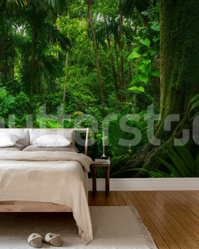 Fototapet cu peisaj tropical verde într-un dormitor