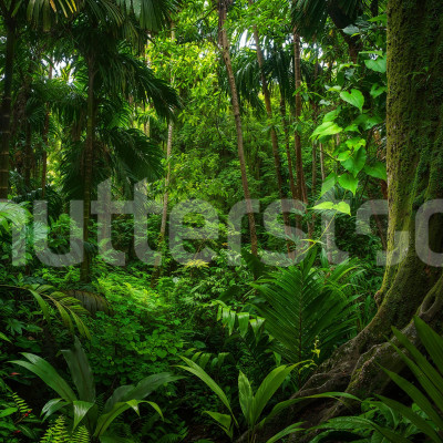 Fototapet cu peisaj tropical verde într-un dormitor