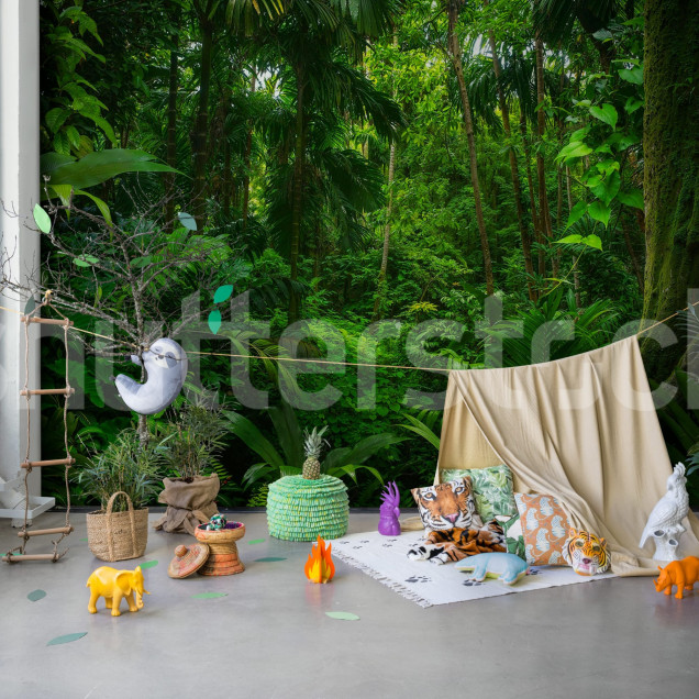 Fototapet cu peisaj tropical verde într-un dormitor