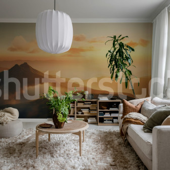 Fototapet cu peisaj montan la apus într-un living modern