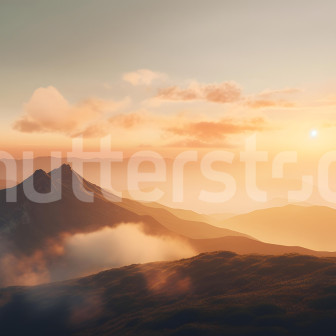 Fototapet cu peisaj montan la apus într-un living modern