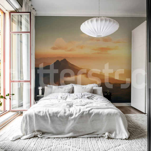 Fototapet cu peisaj montan la apus într-un living modern