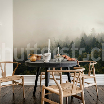 Fototapet cu pădure în ceață într-o sufragerie modernă