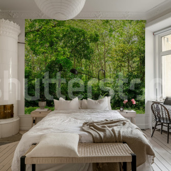 Fototapet cu pădure verde într-un dormitor modern