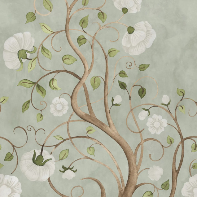 Fototapet cu un design floral subtil, cu tije și flori albe pe un fundal verde deschis, integrat într-un dormitor modern.