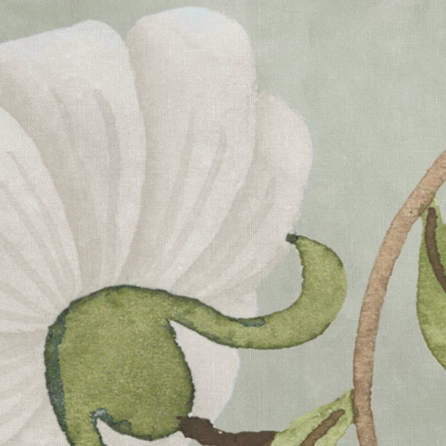 Fototapet cu un design floral subtil, cu tije și flori albe pe un fundal verde deschis, integrat într-un dormitor modern.