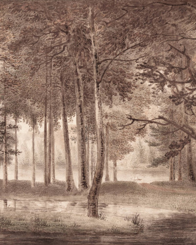 Fototapet cu peisaj de pădure în nuanțe de burgundy, prezentat în decorul unui dormitor modern.