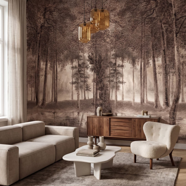 Fototapet cu peisaj de pădure în nuanțe de burgundy, prezentat în decorul unui dormitor modern.