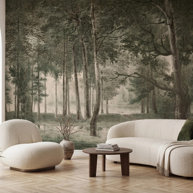 Fototapet cu ilustrație de pădure în nuanțe de verde, într-un living/bucătărie modernă.