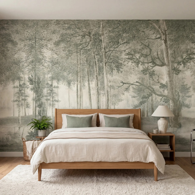 Fototapet cu un design de pădure romantică în nuanțe de verde mentă, reprezentând copaci înalți și vegetație luxuriantă, într-un cadru luminos și aerisit.