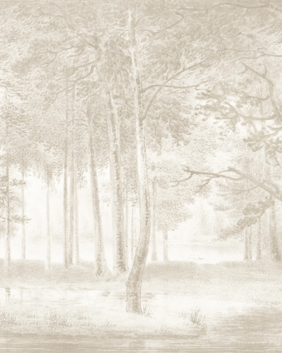 Fototapet cu un peisaj de pădure în nuanțe de bej, integrat în decorul unui dormitor modern.