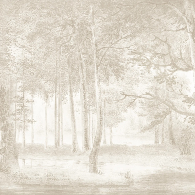 Fototapet cu un peisaj de pădure în nuanțe de bej, integrat în decorul unui dormitor modern.
