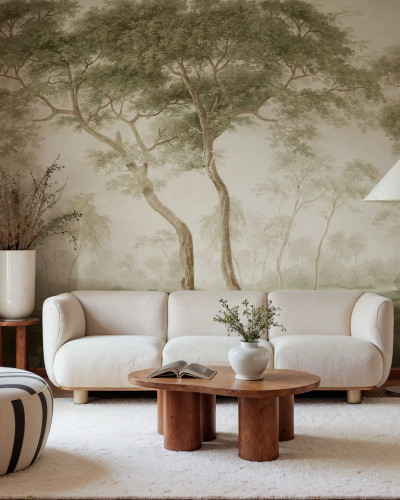Fototapet cu peisaj de pădure verde, ideal pentru decorarea livingului