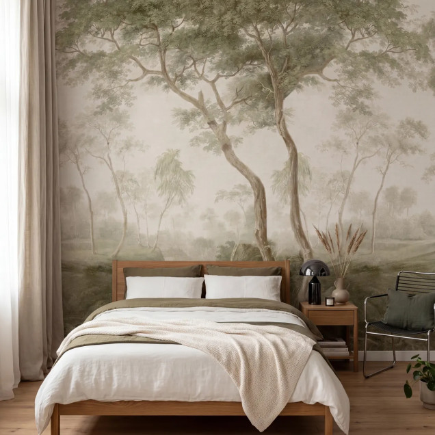 Fototapet cu peisaj de pădure verde, ideal pentru decorarea livingului