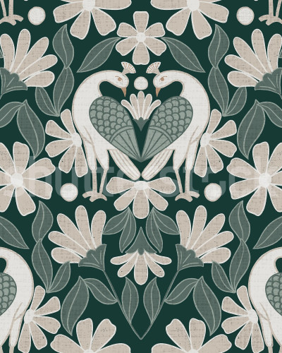 Tapet cu un model de pasari si flori in nuante de verde inchis, decorat pe peretele unui living modern.
