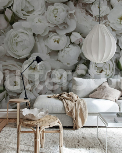 Fototapet cu un buchet mare de flori albe si roz pal, in interiorul unei camere.