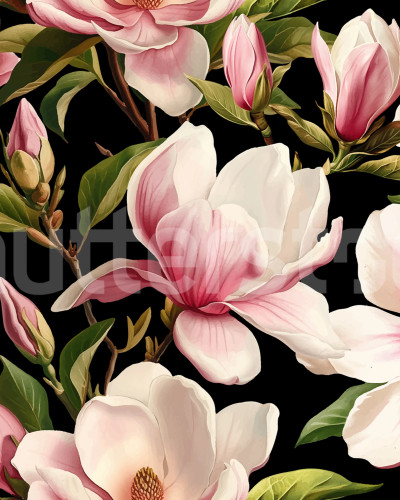 Fototapet cu flori de magnolie roz pe fond negru, într-un living modern.