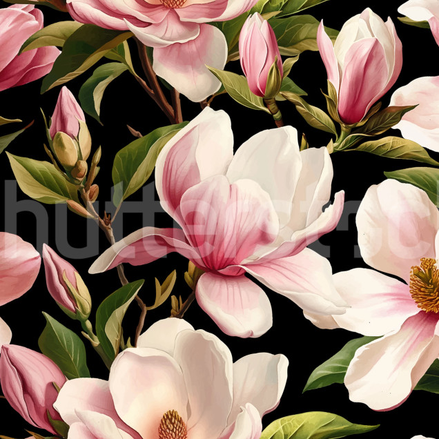 Fototapet cu flori de magnolie roz pe fond negru, într-un living modern.