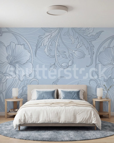Fototapet Grand Flora Blue cu design floral aplicat pe peretele unui dormitor