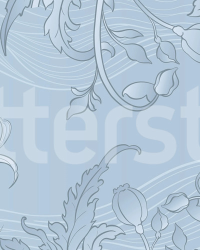 Fototapet Grand Flora Blue cu design floral aplicat pe peretele unui dormitor