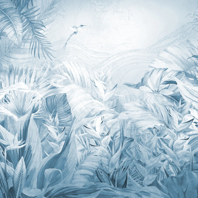 Fototapet cu plante tropicale albastre într-un dormitor modern