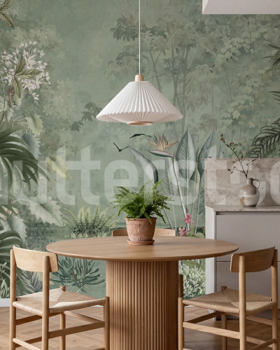 Fototapet cu peisaj tropical luxuriant, în nuanțe de verde, cu plante exotice și ferigi.