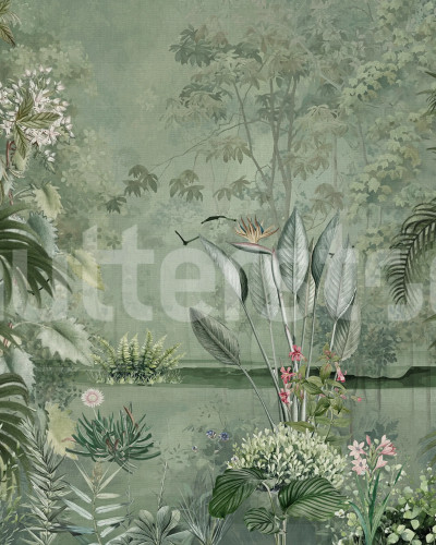 Fototapet cu peisaj tropical luxuriant, în nuanțe de verde, cu plante exotice și ferigi.