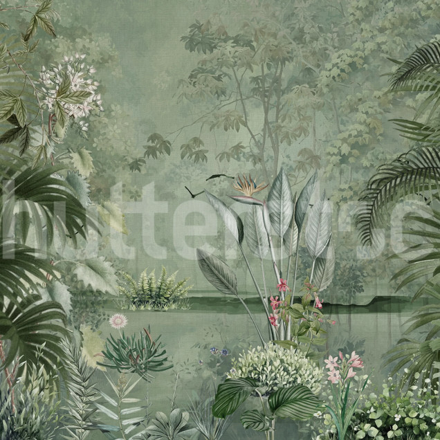 Fototapet cu peisaj tropical luxuriant, în nuanțe de verde, cu plante exotice și ferigi.