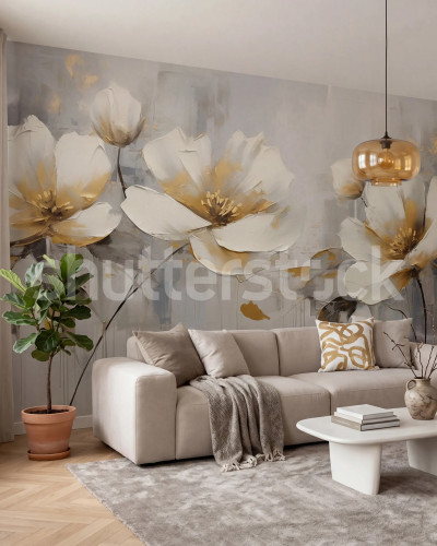 Fototapet cu flori mari albe și aurii pe un fundal gri abstract, integrat într-un living modern cu canapea crem și plante.
