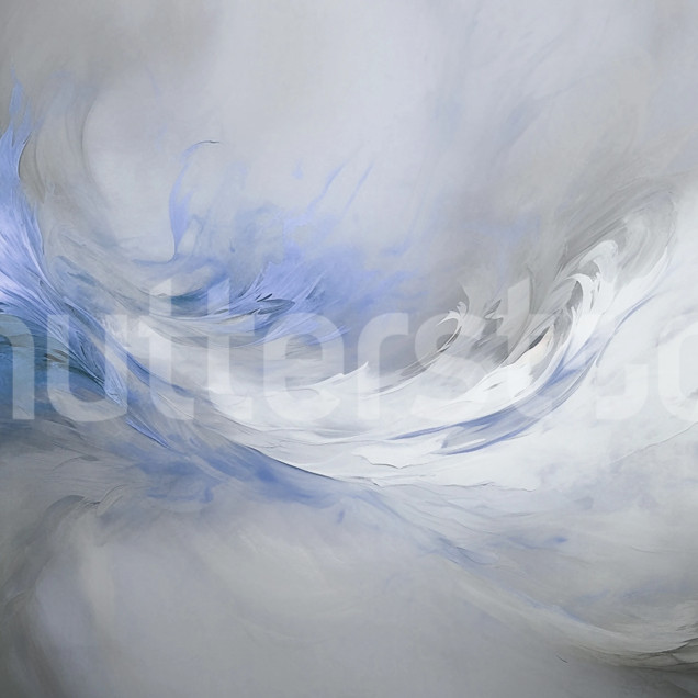 Fototapet cu un design abstract fluid în nuanțe de albastru și gri, cu elemente ce amintesc de fum sau apă, într-un dormitor modern.