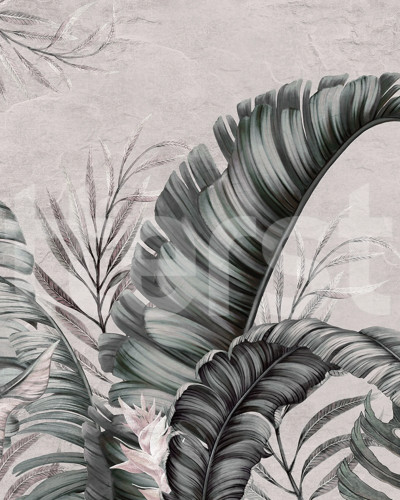 Tapet cu frunze tropicale luxuriante pe un fundal roz pudrat, ilustrând o scenă calmă și elegantă.