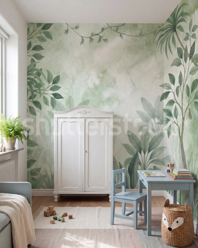 Fototapet cu un model de frunze tropicale verzi în nuanțe vibrante, creând o atmosferă naturală și relaxantă în cameră.