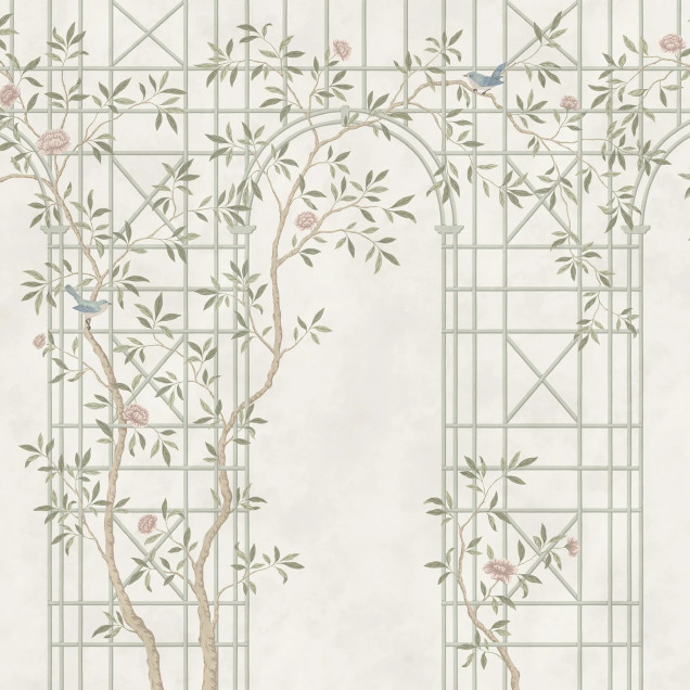 Fototapet cu design Chinoiserie Trellis, cu ramuri delicate și o structură de treliș, creând un aspect luminos și elegant.