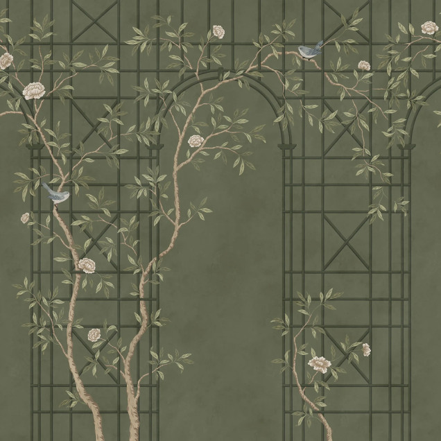Tapet Chinoiserie cu design de pergolă verde, flori și păsări, într-un living modern.