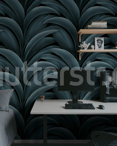 Fototapet cu model de frunze tropicale albastru închis, într-un decor modern de birou și dormitor.