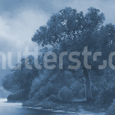 Fototapet cu o pădure albastră și copaci detaliați