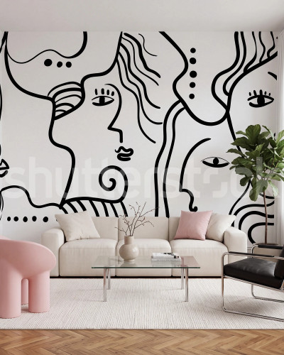 Fototapet cu design abstract de fețe în grafit pe fundal alb, într-un living modern.