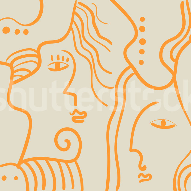 Fototapet cu chipuri abstracte portocalii pe peretele unui dormitor