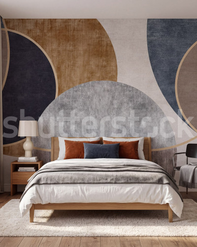 Fototapet geometric abstract cu texturi naturale și curbe, într-un dormitor modern.