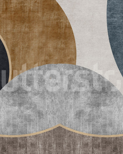 Fototapet geometric abstract cu texturi naturale și curbe, într-un dormitor modern.
