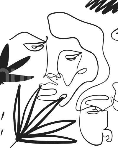 Fototapet cu un design de fețe abstracte în stil linie, pe un fundal de culoare grafit, aplicat pe peretele unui dormitor modern deasupra unui pat alb.