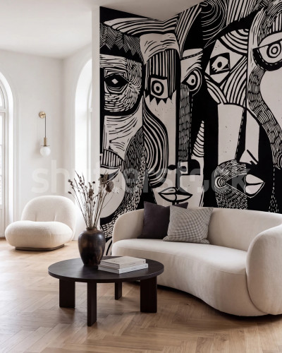 Fototapet cu un design abstract de fețe desenate în tușe grafice, alb-negru, pe un perete dintr-un living modern.