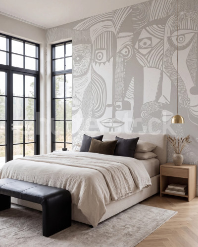 Tapet cu design de fețe artistice în nuanțe de bej, aplicat pe peretele unui dormitor modern.