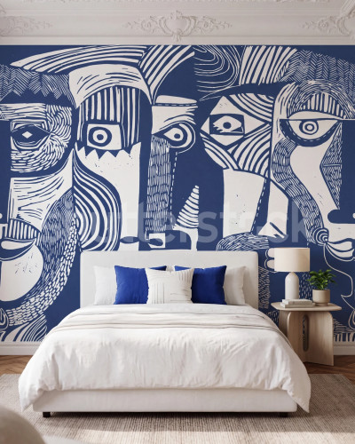Fototapet cu design abstract de chipuri în albastru pe un perete