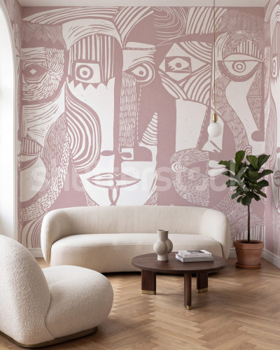 Tapet cu un design abstract de fețe în nuanțe de roz și alb, integrat într-un living modern.