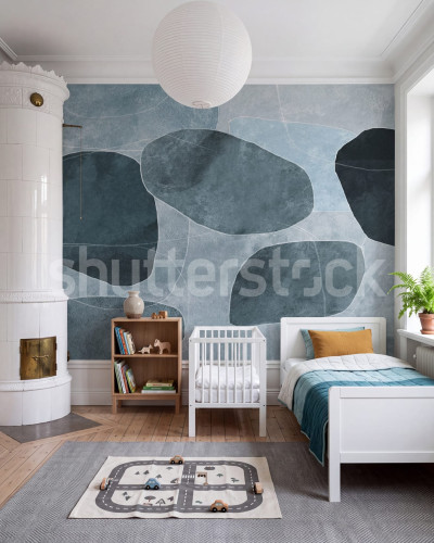 Tapet cu forme geometrice abstracte, în nuanțe de albastru, într-o cameră de copii amenajată modern.